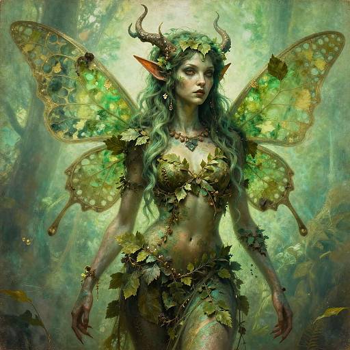 Digital fantasy artwork of a green-skinned, winged fairy with leafy attire, horns, and long green hair, set in a misty forest