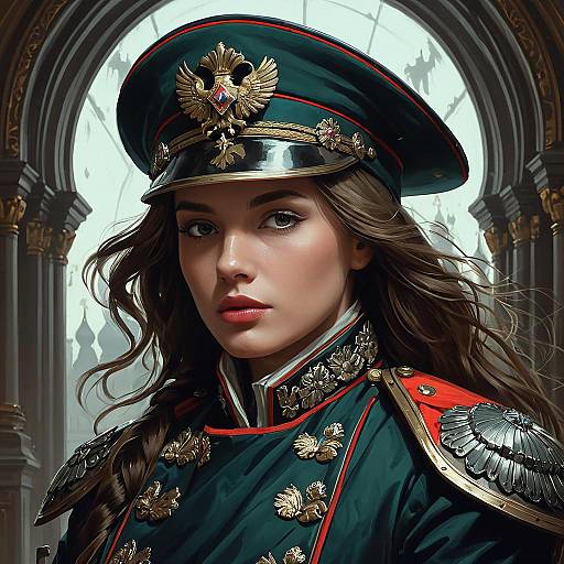 Portrait of Russian Woman in 19th Century Military Uniform