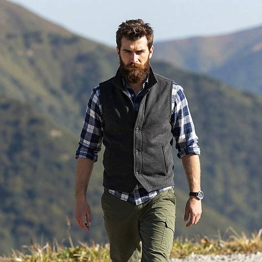 Photograph of a bearded man with dark hair, wearing a black vest, plaid shirt, and green pants, walking in a mountainous,