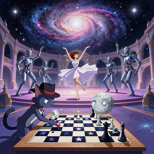 Digital anime-style illustration: A dancing girl in a white dress, surrounded by robotic dancers, under a swirling galaxy. In the foreground, a black cat