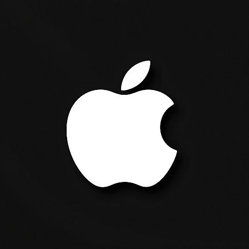 White Apple logo silhouette against a solid black background. Simple, minimalist design with a prominent bite taken out of the apple shape.