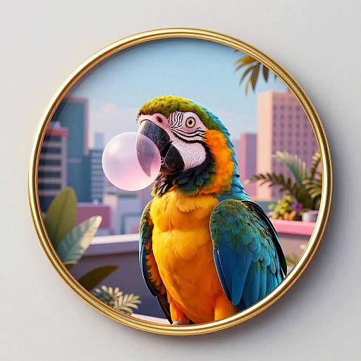 Macaw Blowing Bubblegum in City Rooftop Garden