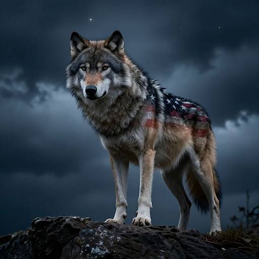 Photorealistic digital art of a fierce, blue-eyed wolf with multi-colored fur standing on a rocky outcrop under a dark, stormy sky.