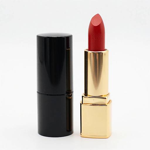 Photograph of a black and gold lipstick with the cap removed, revealing a vibrant red lipstick on a white background.