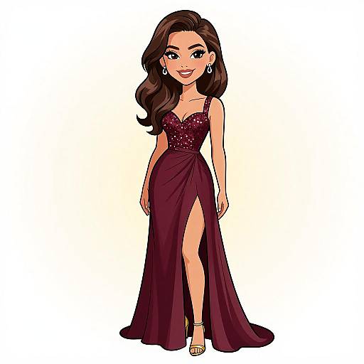 Cartoon-style digital illustration of a smiling woman with long brown hair, wearing a deep burgundy, sleeveless, high-slit evening gown with sequ