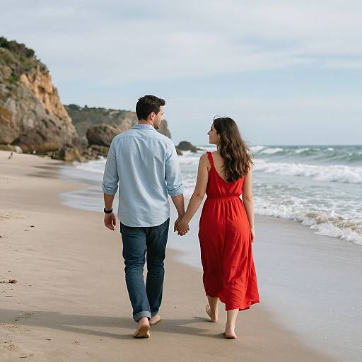 Photograph of a couple holding hands, walking barefoot on a sandy beach with rocky cliffs and ocean waves in the background. Man in light blue shirt