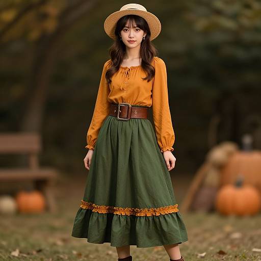 Photograph of an Asian woman in a yellow blouse, green skirt, brown belt, straw hat, standing in an autumn forest with pumpkins.