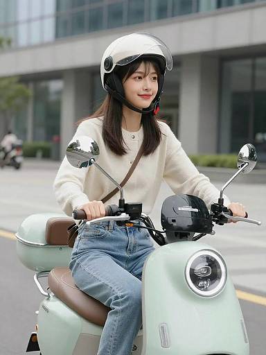 Young Woman Riding Mint Green Scooter