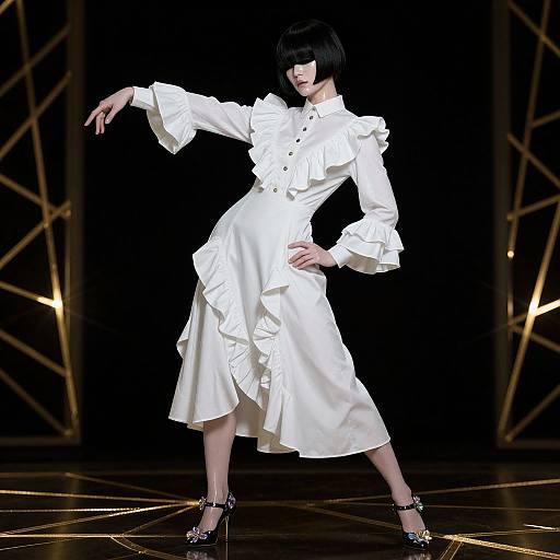 Photograph of an Asian woman with short black hair, wearing a white ruffled dress and black high heels, striking a dramatic pose on a dark stage