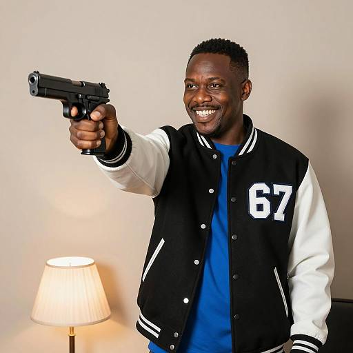 Smiling Man Pointing Handgun Indoors