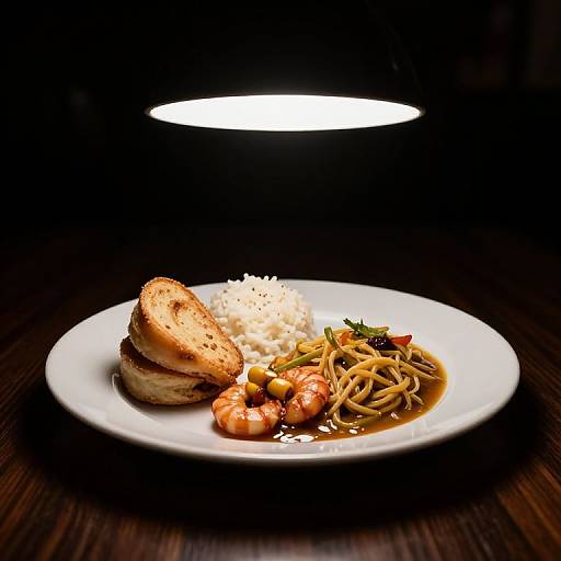 Photograph of a white plate with a sandwich, rice, shrimp noodles, and vegetables, illuminated by a single overhead light.