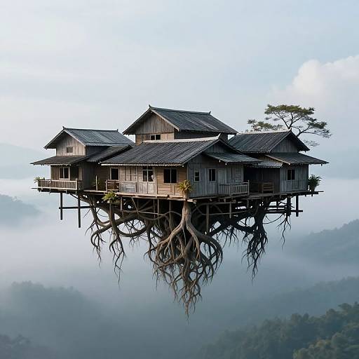 Serene Floating Village Among Roots