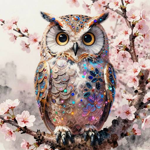 Sumi-e Cherry Blossom Owl in Electric Colors