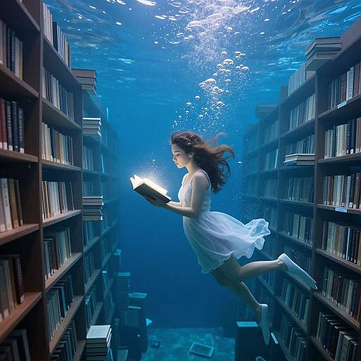 Underwater photograph of a woman with long brown hair in a flowing white dress, reading a book in a narrow, book-filled aisle. Blue water with