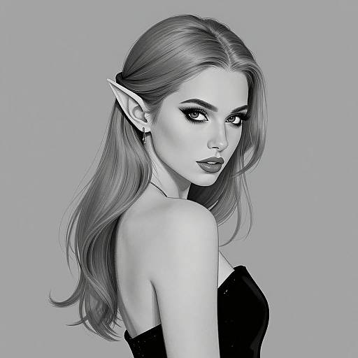 Digital monochrome drawing of a beautiful elf woman with long, wavy hair, pointed ears, dark lipstick, and a strapless black top, looking