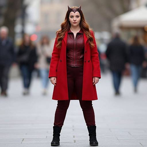 Photograph of a woman with long brown hair, red coat, black leather vest, and cat ear headband, standing confidently on a city street.