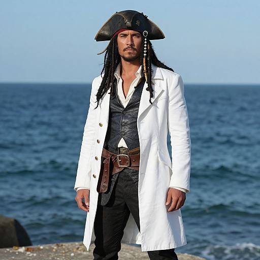 Photograph of a muscular man with long black hair, wearing a pirate hat, white coat, black vest, and pants, standing on a rocky shore