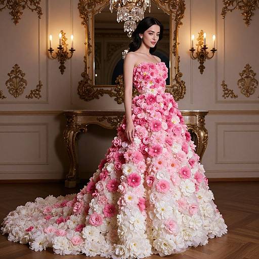 Photograph of a dark-haired woman in a strapless, voluminous pink and white rose-covered ball gown, standing in an ornate, golden-w