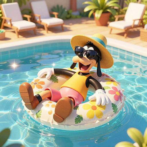 Digital cartoon of a black dog with sunglasses, yellow shirt, pink shorts, and straw hat, lounging on a flower-filled pool float in a sunny