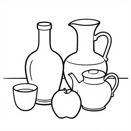 Black and white line drawing of a still life arrangement with a bottle, jug, two cups, and two apples.