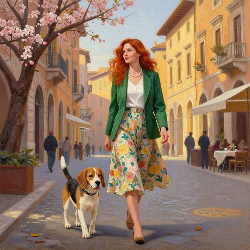 Digital painting of a red-haired woman in a green blazer and floral skirt walking a beagle on a sunlit European street with cherry blossom trees and