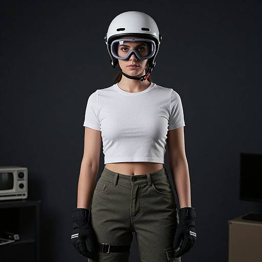 Photograph of a serious woman in a white helmet, goggles, white crop top, black gloves, and dark pants against a dark background.