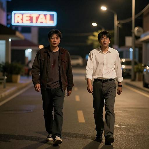 Night Walk of Two Men in Neon Light