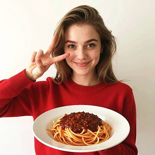 Photograph of a smiling young woman with long brown hair, wearing a red sweater, holding a plate of spaghetti with meat sauce, making a peace sign