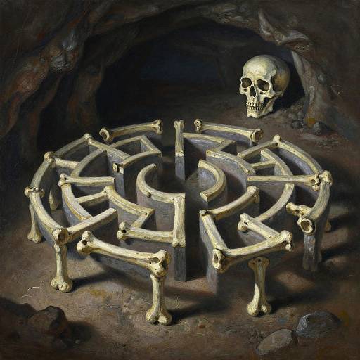 Digital painting of a skeletal maze with glowing bones, a skull in the upper right, set in a dark, rocky cave.