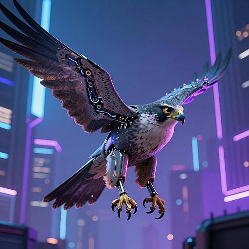 Bionic Falcon in Cyberpunk Cityscape