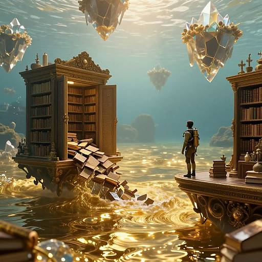 Digital art: A man in a top hat and suit stands on a floating bookshelf in a golden, sunlit, water-filled library with floating crystal