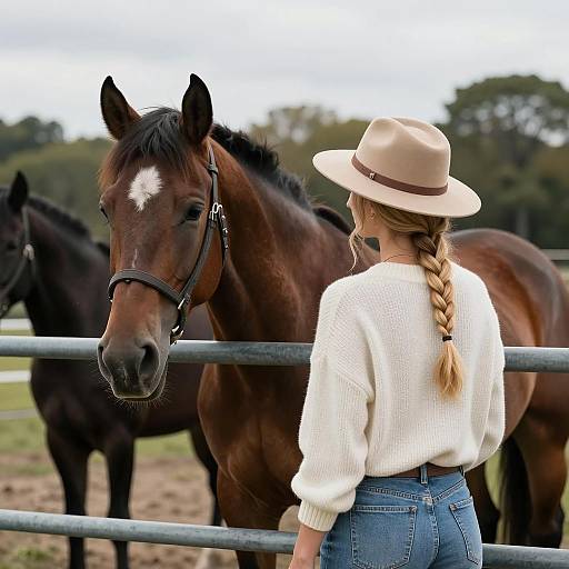 Woman with Blonde Braid and Brown Horse Near Fence