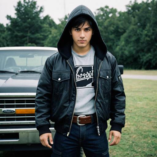 Young man in black hooded jacket with truck