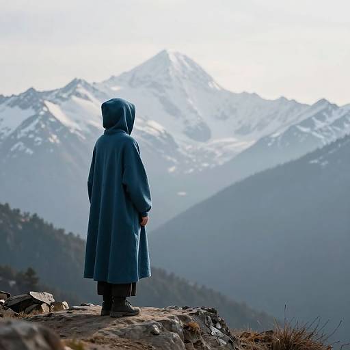 Photograph of a person in a long blue hooded cloak standing on a rocky mountain ledge, facing snow-capped mountains in the background.