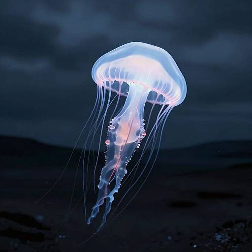 Photograph of a glowing, translucent jellyfish with long, trailing tentacles floating in dark, cloudy ocean water at night.