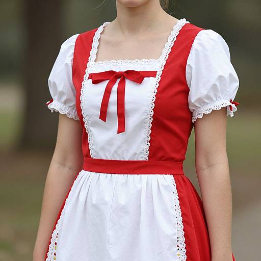 Photograph of a woman wearing a red and white vintage-style dress with puffed sleeves, lace trim, and a red bow on the chest. Background