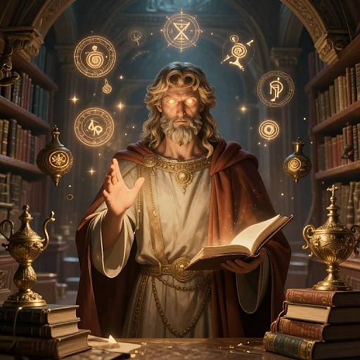 Photograph-like CGI of a bearded, glowing-eyed wizard in a dark robe, surrounded by mystical symbols, holding an open book, and raising a