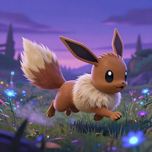 Digital artwork of Eevee, a brown, fox-like Pokémon with large ears and fluffy tail, leaping joyfully in a colorful, glowing me
