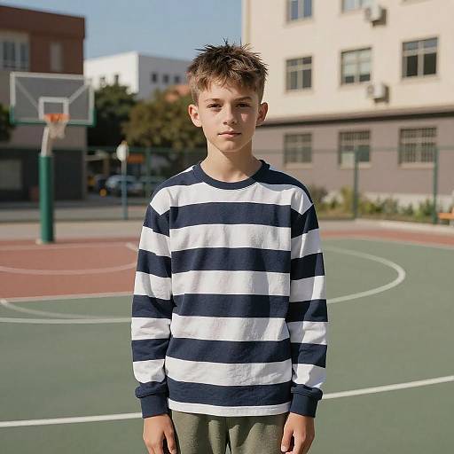 Photograph of a young boy with short brown hair, wearing a black and white striped sweater, standing on a sunlit outdoor basketball court.