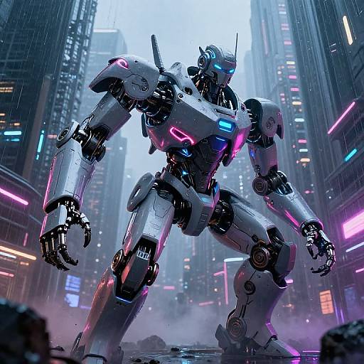 Digital artwork of a futuristic, glowing, white and black robotic warrior standing in a rain-soaked, neon-lit urban cityscape.