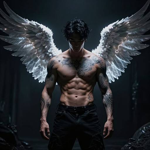Muscular Angelic Figure in Darkness