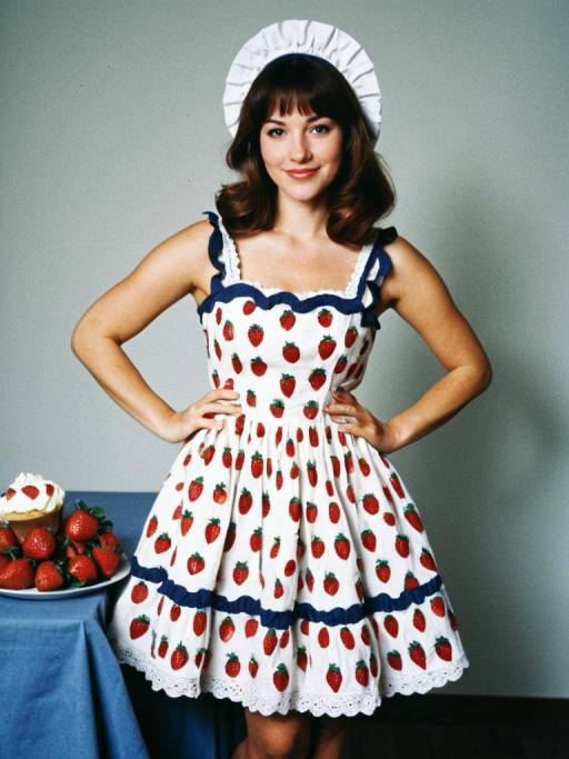 Woman in Strawberry Dress with Muffin