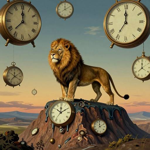 Digital art: Regal lion standing on a clock-covered rock, surrounded by floating antique clocks against a sunset sky, with dripping clock hands.