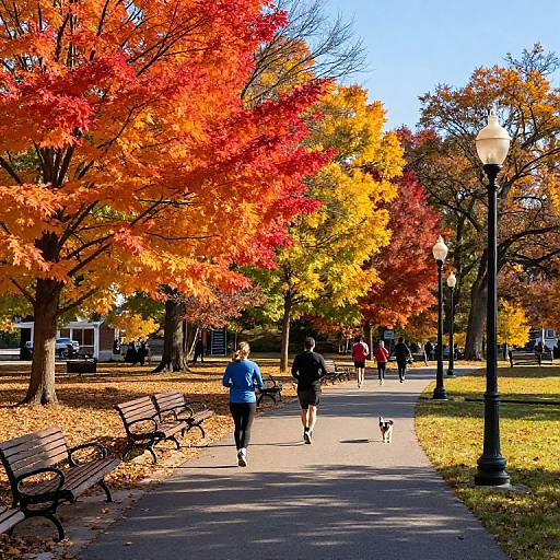 Photograph of a vibrant autumn park with colorful trees, benches, lamp posts, and people walking, including a person with a small dog.