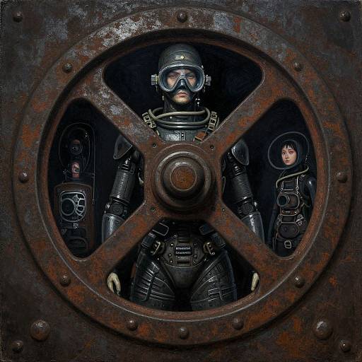Photograph of three masked, armored figures inside a rusty, circular metal window, with intense, focused expressions, creating a futuristic, dystopian vibe.
