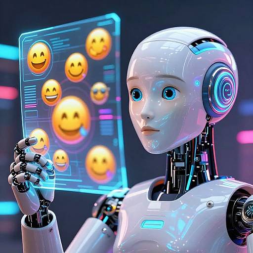 Photorealistic CGI of a white, glossy humanoid robot with blue eyes, holding a holographic screen displaying smiley faces against a dark, neon-l