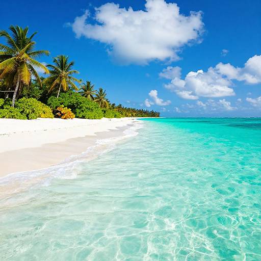 Photograph of a vibrant tropical beach with turquoise water, white sand, lush green palm trees, and a clear blue sky with fluffy clouds.