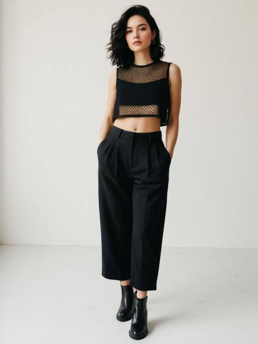 Fashionable woman in black cropped mesh top and wide-leg trousers