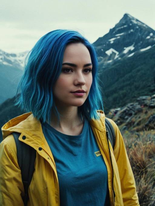 Woman with Blue Hair in Mountain Landscape