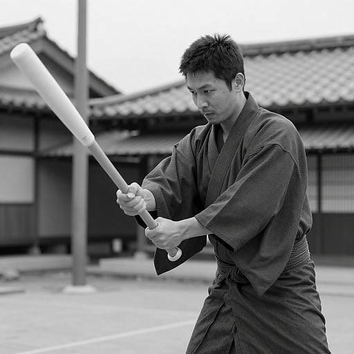 Focused Man in Kimono with Bat